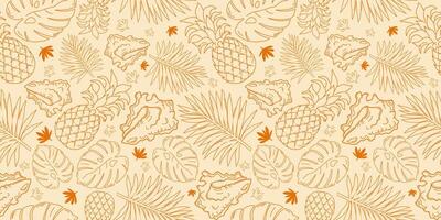 Summer ornament with shells, pineapples and tropical plants. Seamless pattern in contour lines. vector