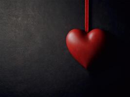 Red heart hanging on satin ribbon on dark background in Valentine's Day style, empty space for text. photo
