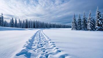 Narrow snowy trail with single line of tracks, untouched snow on either side, soft overcast light. photo