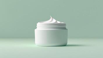 White beauty cream tub mockup is centered and isolated on bright, pastel light green background photo