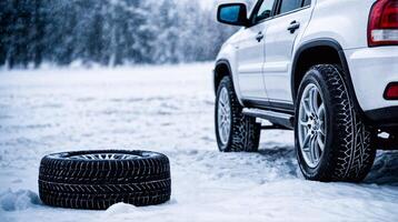White car with winter tires is parked on snowy surface, with spare tire lying on snow nearby. photo