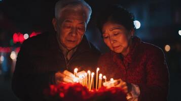 Elderly couple lighting candles in a serene night setting. photo