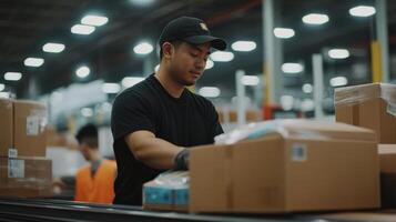 Warehouse worker organizing packages in a busy distribution center. photo