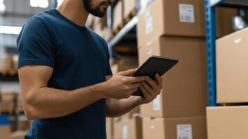 Warehouse employee using tablet for inventory management, focused on task. photo