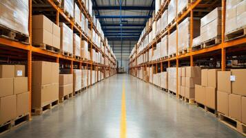 Warehouse aisle filled with stacked cardboard boxes, industrial storage room. photo