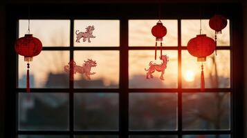 Window with red lanterns and decorative cutouts, sunset view. photo