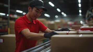 Worker packaging goods in a warehouse, focused on his task, professional environment. photo
