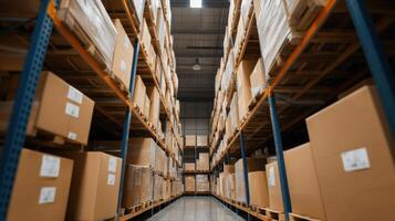 Storage warehouse with stacked boxes on shelves and aisle view. photo