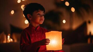 Child holding lantern, soft glow, warm atmosphere, festive celebration. photo