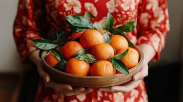 Woman holding a bowl of fresh oranges with green leaves on a neutral background. photo