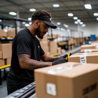 Warehouse worker packing boxes for shipping in a modern facility. photo