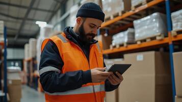 Warehouse worker using tablet for inventory management, orange vest, modern setting. photo
