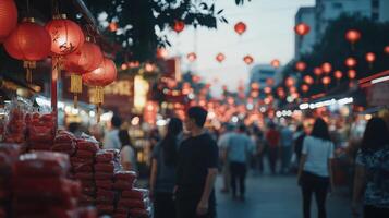 Vibrant street scene adorned with red lanterns illuminating a bustling market. photo