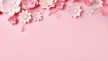 Arrangement of handcrafted paper flowers in soft pink and white hues, placed along top edge of smooth pastel pink background. For romantic themes, wedding invitations, feminine decorative photo
