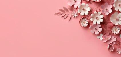 Handcrafted paper flowers and leaves in soft shades of pink and white, placed against smooth pastel pink background. Banner with copy space for weddings, romance, feminine, artistic photo