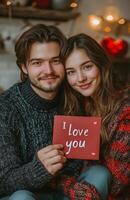 Young couple holding i love you card photo