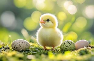 A small baby chick is standing next to some eggs photo