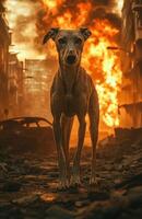 A dog is standing in front of a burning building photo