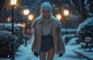 A woman in a fur coat walking in the snow photo