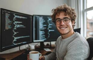 A smiling man in glasses holding a cup of coffee in front of two computer monitors photo