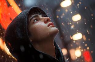 A Young Man in Hoodie Gazing at Rainy Sky with Street Lights photo