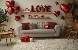 A living room with a couch, red balloons and a christmas tree photo