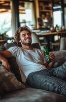 A man is sitting on a couch with a beer photo