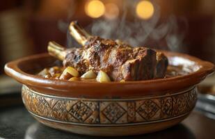 A bowl of meat and vegetables on a table photo