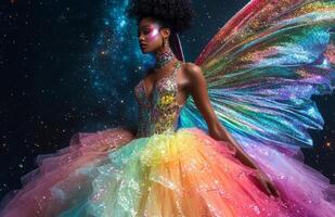 Elegant African American Woman in Rainbow Ballgown with Fairy Wings and Galaxy Background photo