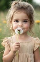 Little girl blowing dandelion in sunny green meadow outdoors photo