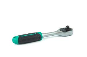 Detail of a green ratchet wrench type tool with a socket on it. On white background. photo