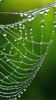 Spider web with water droplets on green blur natural background. Macro shot of dew covered silk threads in nature photo