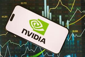 KYIV, UKRAINE - JANUARY 29, 2025 Nvidia logo displayed on smartphone. Nvidia is global leader in artificial intelligence hardware photo