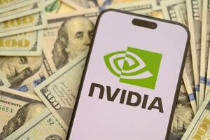 KYIV, UKRAINE - JANUARY 29, 2025 Nvidia displayed on smartphone. Nvidia is a global leader in artificial intelligence hardware photo