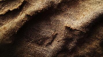 Torn burlap fabric with frayed edges and visible fibers photo