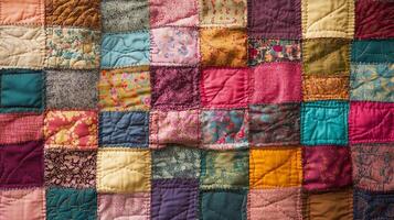 Patchwork Quilt with Colorful Fabric Squares photo