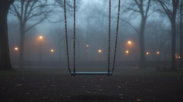 Empty Swing Moving in a Foggy Playground photo