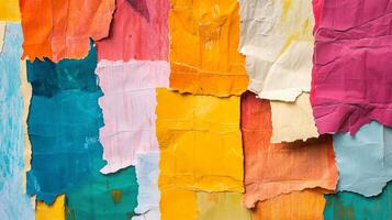 Layered torn paper collage with different textures and colors photo