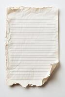 Torn notebook paper with ruled lines and soft shadow effects photo