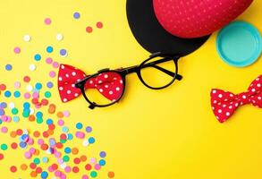 Novelty glasses with a fake nose and eyebrows, paired with a red polka dot bow tie, surrounded by colorful confetti, all set against a bright yellow background photo