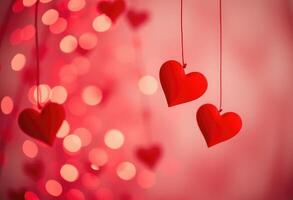 red hearts hanging from strings on a red background photo