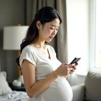 A pregnant Asian woman in a white t-shirt uses a cell phone while standing in a room photo
