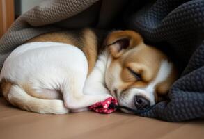 a small dog sleeping on the floor under a blanket photo