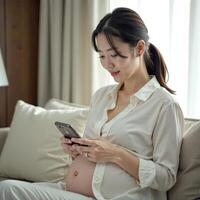A pregnant Asian woman in a white shirt with a bare tummy uses her cell phone while sitting on the couch photo
