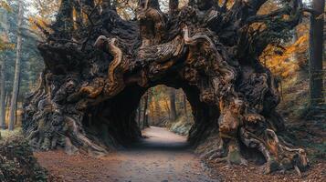 A path that is surrounded by trees and a tunnel photo