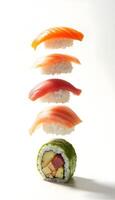 sushi stacked on top with white background photo