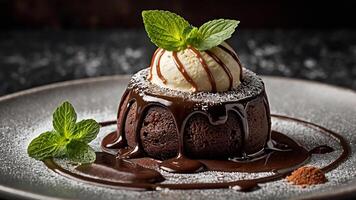 Warm Chocolate Cake with a Melting Center and Cocoa Dusting photo