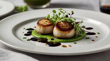Gourmet Seared Scallops Plated with Artistic Presentation photo