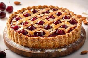 A freshly baked cherry pie with a golden, flaky crust, topped with a delicate layer of toasted almond slivers. photo
