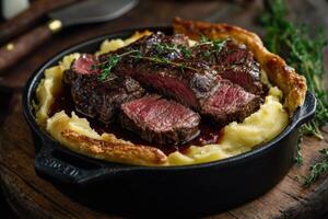 An open pie with tender beef, red wine sauce, and a layer of creamy mashed potatoes, served in a well-worn cast-iron pot. photo